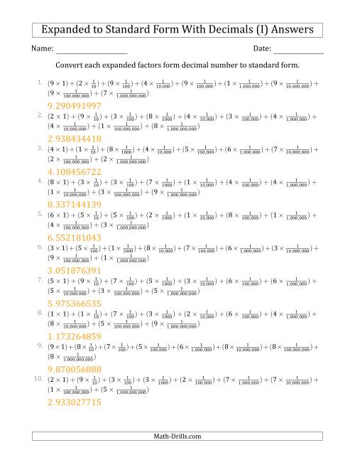 The Converting Expanded Factors Form Decimals Using Fractions to Standard Form (1-Digit Before the Decimal; 9-Digits After the Decimal) (I) Math Worksheet Page 2