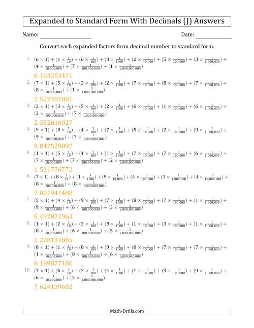 The Converting Expanded Factors Form Decimals Using Fractions to Standard Form (1-Digit Before the Decimal; 9-Digits After the Decimal) (J) Math Worksheet Page 2