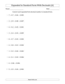 Converting Expanded Form Decimals Using Decimals to Standard Form (1-Digit Before the Decimal; 3-Digits After the Decimal)