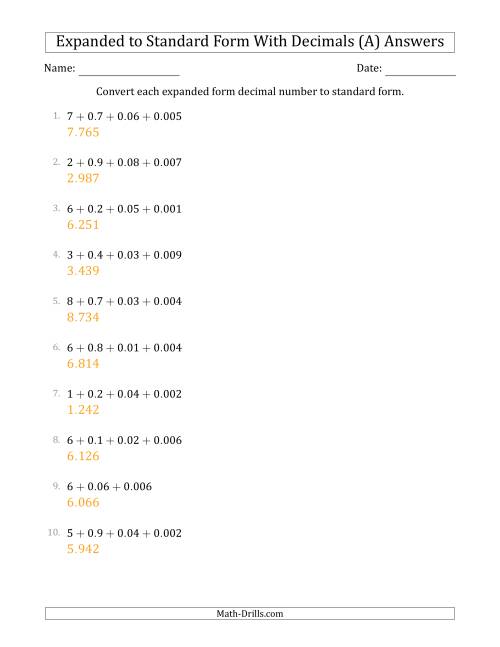 The Converting Expanded Form Decimals Using Decimals to Standard Form (1-Digit Before the Decimal; 3-Digits After the Decimal) (A) Math Worksheet Page 2