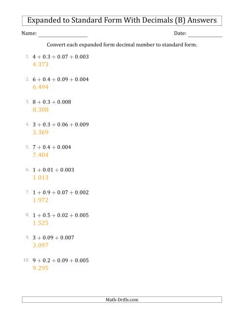 The Converting Expanded Form Decimals Using Decimals to Standard Form (1-Digit Before the Decimal; 3-Digits After the Decimal) (B) Math Worksheet Page 2