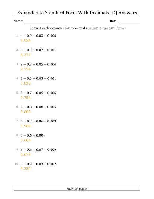 The Converting Expanded Form Decimals Using Decimals to Standard Form (1-Digit Before the Decimal; 3-Digits After the Decimal) (D) Math Worksheet Page 2