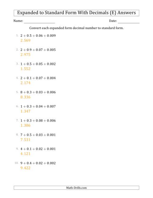 The Converting Expanded Form Decimals Using Decimals to Standard Form (1-Digit Before the Decimal; 3-Digits After the Decimal) (E) Math Worksheet Page 2