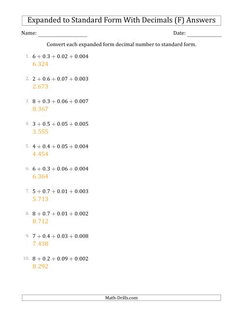 The Converting Expanded Form Decimals Using Decimals to Standard Form (1-Digit Before the Decimal; 3-Digits After the Decimal) (F) Math Worksheet Page 2