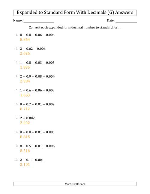 The Converting Expanded Form Decimals Using Decimals to Standard Form (1-Digit Before the Decimal; 3-Digits After the Decimal) (G) Math Worksheet Page 2