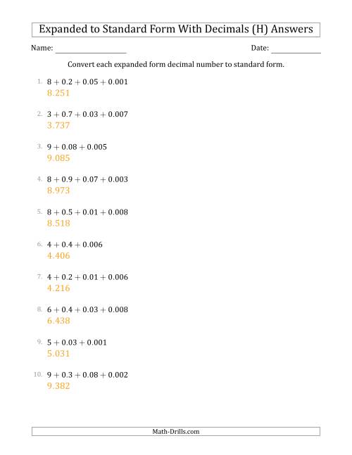 The Converting Expanded Form Decimals Using Decimals to Standard Form (1-Digit Before the Decimal; 3-Digits After the Decimal) (H) Math Worksheet Page 2