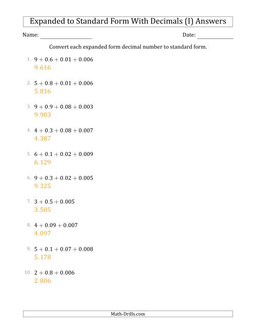 The Converting Expanded Form Decimals Using Decimals to Standard Form (1-Digit Before the Decimal; 3-Digits After the Decimal) (I) Math Worksheet Page 2
