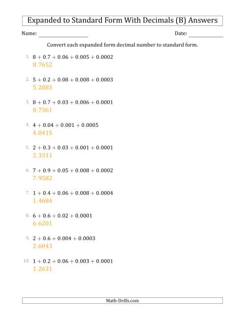 The Converting Expanded Form Decimals Using Decimals to Standard Form (1-Digit Before the Decimal; 4-Digits After the Decimal) (B) Math Worksheet Page 2