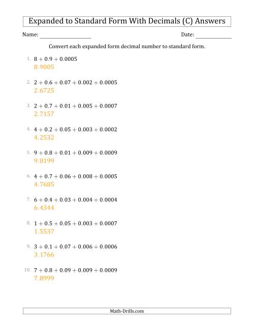The Converting Expanded Form Decimals Using Decimals to Standard Form (1-Digit Before the Decimal; 4-Digits After the Decimal) (C) Math Worksheet Page 2