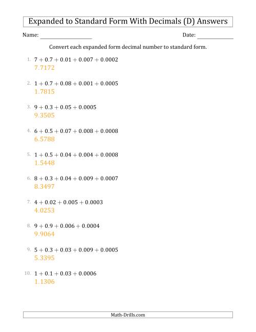 The Converting Expanded Form Decimals Using Decimals to Standard Form (1-Digit Before the Decimal; 4-Digits After the Decimal) (D) Math Worksheet Page 2
