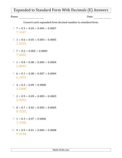 The Converting Expanded Form Decimals Using Decimals to Standard Form (1-Digit Before the Decimal; 4-Digits After the Decimal) (E) Math Worksheet Page 2