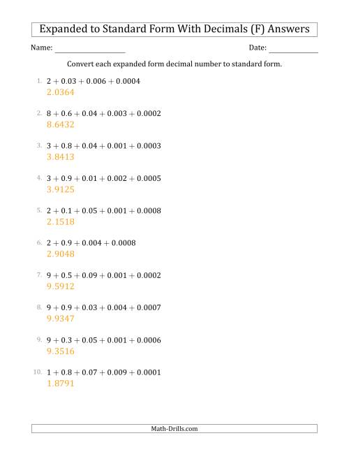 The Converting Expanded Form Decimals Using Decimals to Standard Form (1-Digit Before the Decimal; 4-Digits After the Decimal) (F) Math Worksheet Page 2