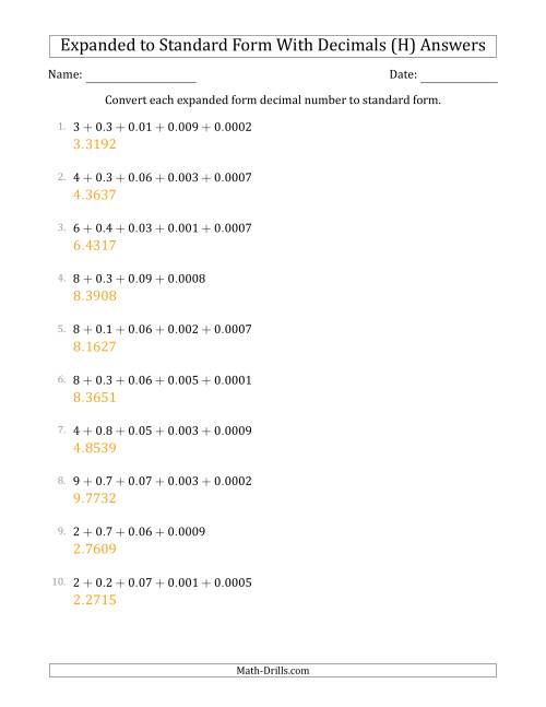 The Converting Expanded Form Decimals Using Decimals to Standard Form (1-Digit Before the Decimal; 4-Digits After the Decimal) (H) Math Worksheet Page 2