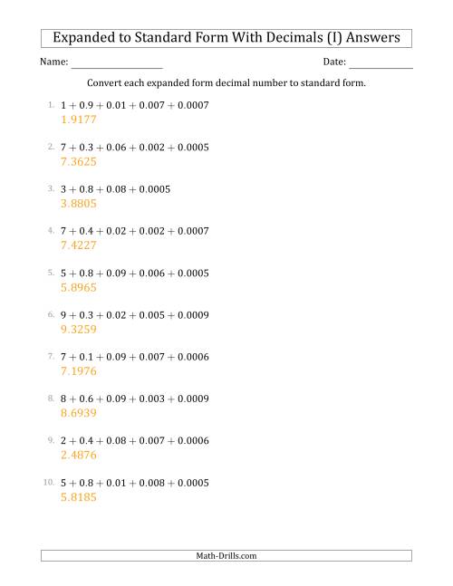 The Converting Expanded Form Decimals Using Decimals to Standard Form (1-Digit Before the Decimal; 4-Digits After the Decimal) (I) Math Worksheet Page 2