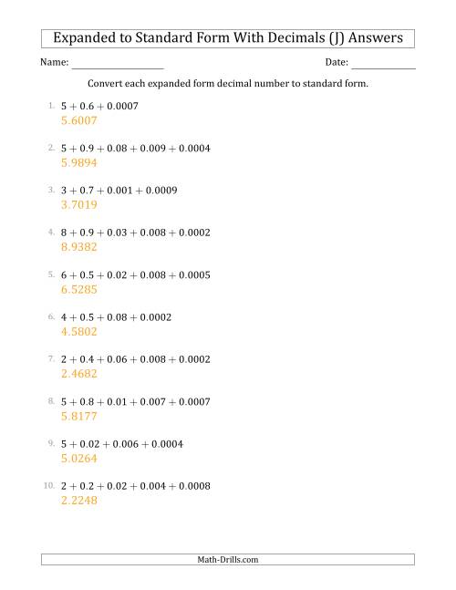 The Converting Expanded Form Decimals Using Decimals to Standard Form (1-Digit Before the Decimal; 4-Digits After the Decimal) (J) Math Worksheet Page 2
