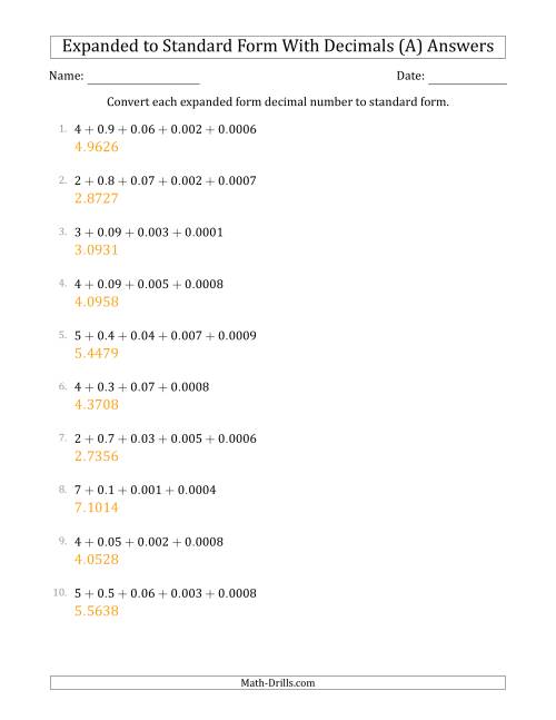 The Converting Expanded Form Decimals Using Decimals to Standard Form (1-Digit Before the Decimal; 4-Digits After the Decimal) (All) Math Worksheet Page 2