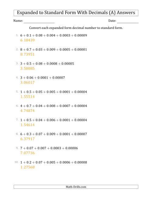 The Converting Expanded Form Decimals Using Decimals to Standard Form (1-Digit Before the Decimal; 5-Digits After the Decimal) (A) Math Worksheet Page 2