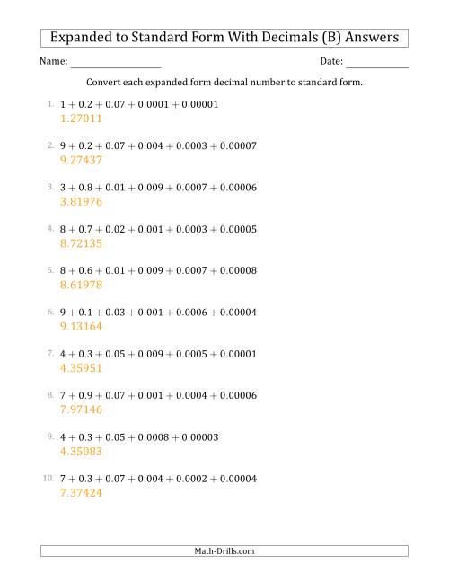 The Converting Expanded Form Decimals Using Decimals to Standard Form (1-Digit Before the Decimal; 5-Digits After the Decimal) (B) Math Worksheet Page 2