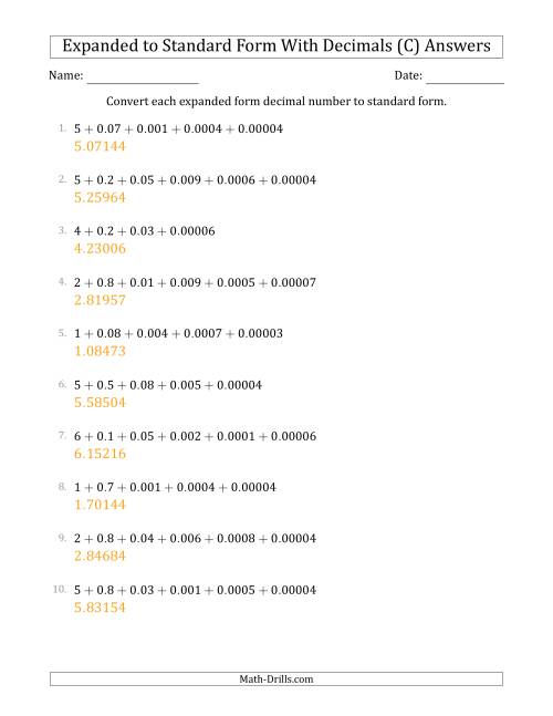 The Converting Expanded Form Decimals Using Decimals to Standard Form (1-Digit Before the Decimal; 5-Digits After the Decimal) (C) Math Worksheet Page 2