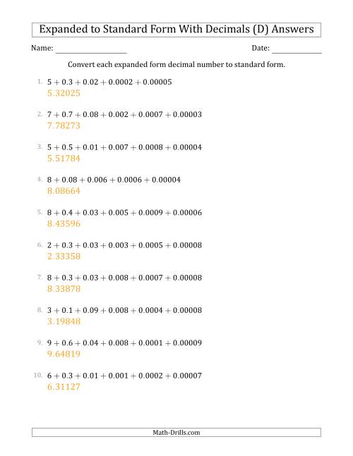 The Converting Expanded Form Decimals Using Decimals to Standard Form (1-Digit Before the Decimal; 5-Digits After the Decimal) (D) Math Worksheet Page 2