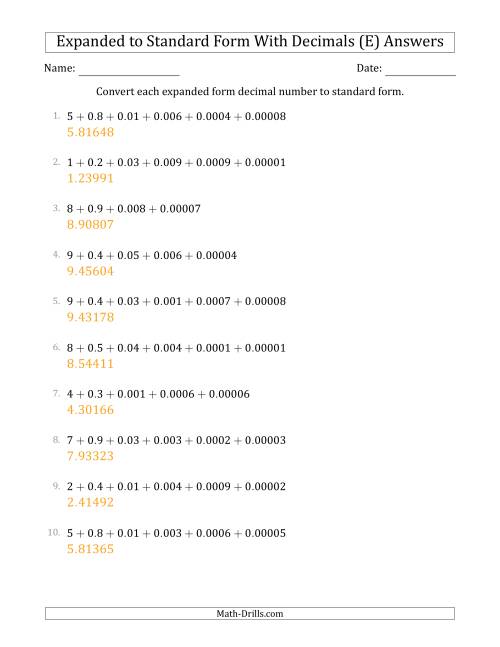 The Converting Expanded Form Decimals Using Decimals to Standard Form (1-Digit Before the Decimal; 5-Digits After the Decimal) (E) Math Worksheet Page 2