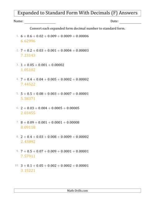 The Converting Expanded Form Decimals Using Decimals to Standard Form (1-Digit Before the Decimal; 5-Digits After the Decimal) (F) Math Worksheet Page 2
