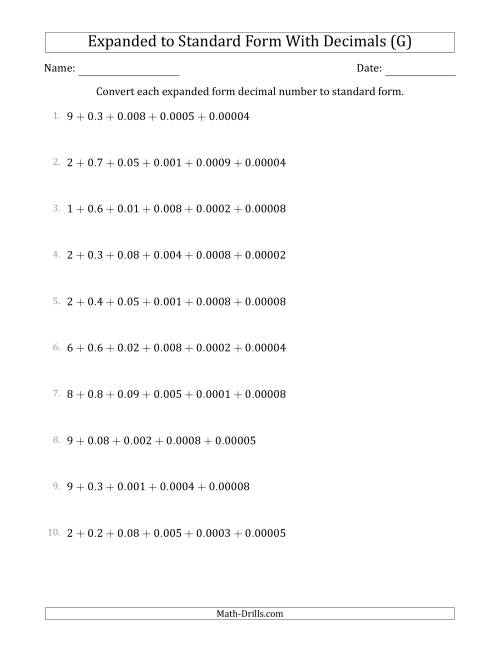 The Converting Expanded Form Decimals Using Decimals to Standard Form (1-Digit Before the Decimal; 5-Digits After the Decimal) (G) Math Worksheet