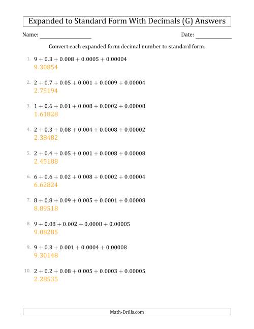 The Converting Expanded Form Decimals Using Decimals to Standard Form (1-Digit Before the Decimal; 5-Digits After the Decimal) (G) Math Worksheet Page 2