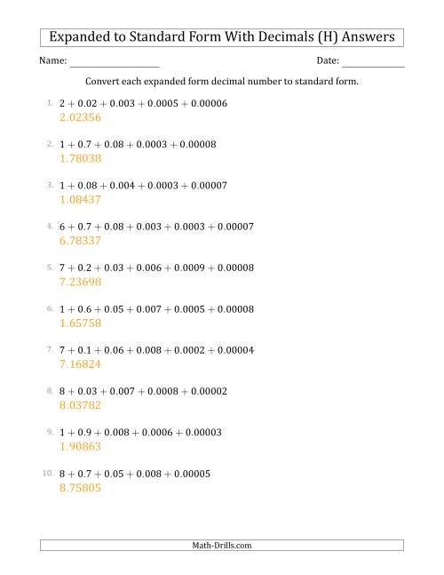 The Converting Expanded Form Decimals Using Decimals to Standard Form (1-Digit Before the Decimal; 5-Digits After the Decimal) (H) Math Worksheet Page 2