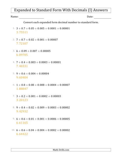 The Converting Expanded Form Decimals Using Decimals to Standard Form (1-Digit Before the Decimal; 5-Digits After the Decimal) (I) Math Worksheet Page 2