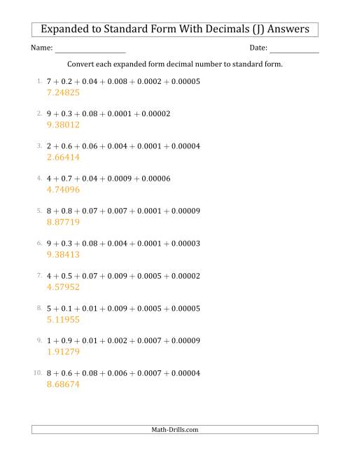 The Converting Expanded Form Decimals Using Decimals to Standard Form (1-Digit Before the Decimal; 5-Digits After the Decimal) (J) Math Worksheet Page 2