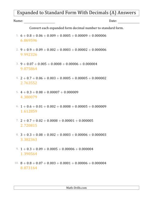 The Converting Expanded Form Decimals Using Decimals to Standard Form (1-Digit Before the Decimal; 6-Digits After the Decimal) (A) Math Worksheet Page 2