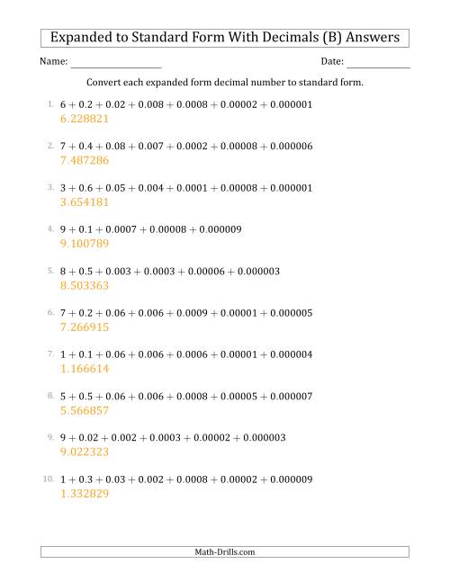 The Converting Expanded Form Decimals Using Decimals to Standard Form (1-Digit Before the Decimal; 6-Digits After the Decimal) (B) Math Worksheet Page 2