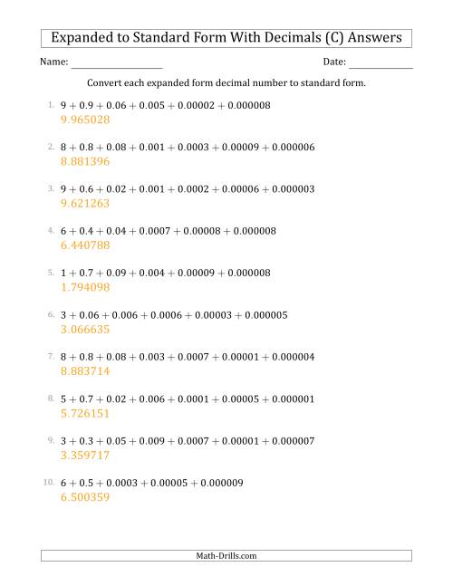 The Converting Expanded Form Decimals Using Decimals to Standard Form (1-Digit Before the Decimal; 6-Digits After the Decimal) (C) Math Worksheet Page 2
