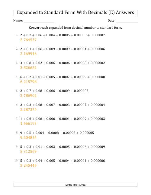 The Converting Expanded Form Decimals Using Decimals to Standard Form (1-Digit Before the Decimal; 6-Digits After the Decimal) (E) Math Worksheet Page 2