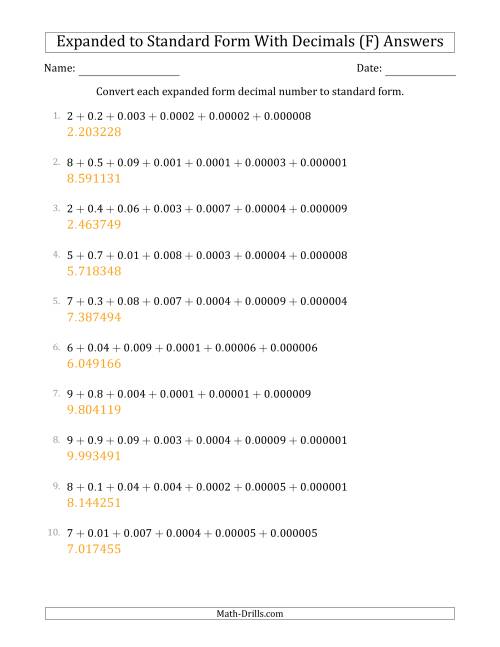 The Converting Expanded Form Decimals Using Decimals to Standard Form (1-Digit Before the Decimal; 6-Digits After the Decimal) (F) Math Worksheet Page 2
