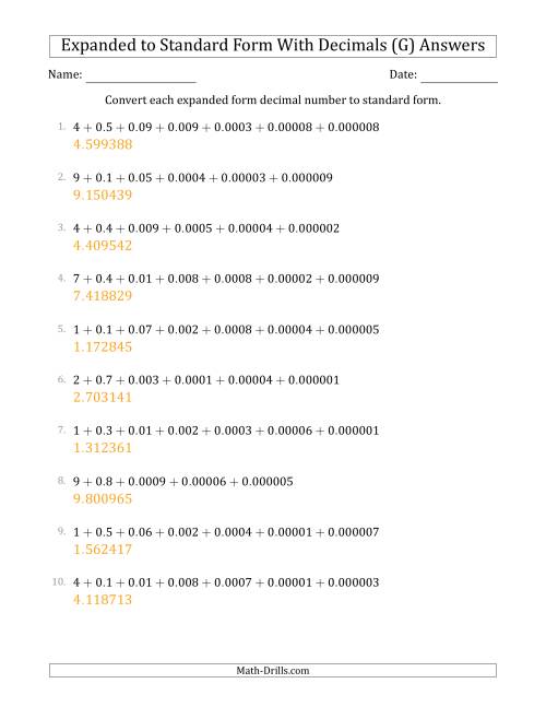The Converting Expanded Form Decimals Using Decimals to Standard Form (1-Digit Before the Decimal; 6-Digits After the Decimal) (G) Math Worksheet Page 2