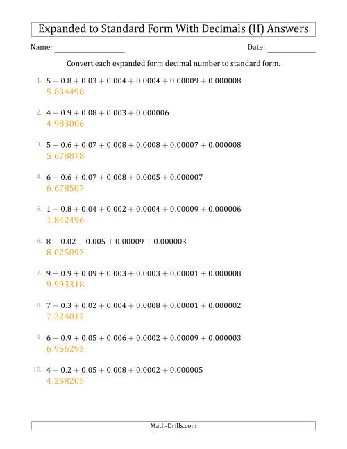 The Converting Expanded Form Decimals Using Decimals to Standard Form (1-Digit Before the Decimal; 6-Digits After the Decimal) (H) Math Worksheet Page 2