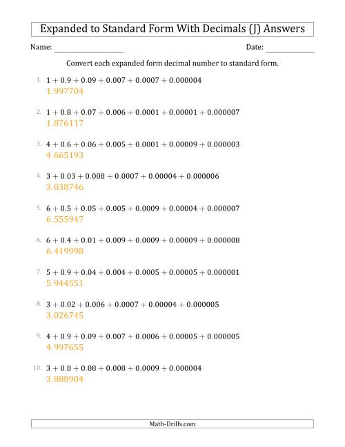 The Converting Expanded Form Decimals Using Decimals to Standard Form (1-Digit Before the Decimal; 6-Digits After the Decimal) (J) Math Worksheet Page 2
