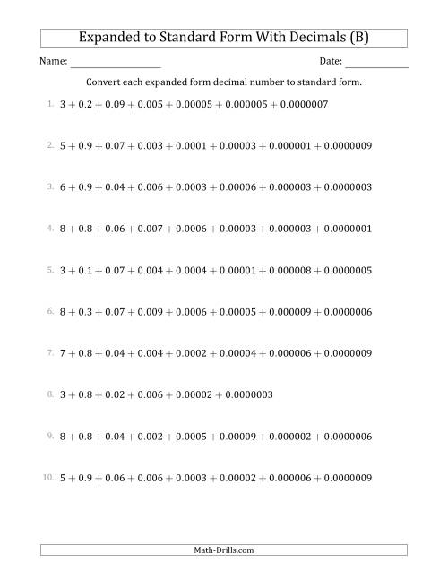 The Converting Expanded Form Decimals Using Decimals to Standard Form (1-Digit Before the Decimal; 7-Digits After the Decimal) (B) Math Worksheet