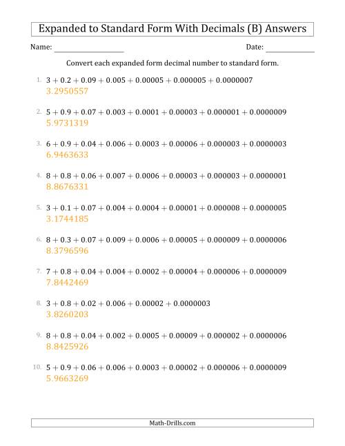 The Converting Expanded Form Decimals Using Decimals to Standard Form (1-Digit Before the Decimal; 7-Digits After the Decimal) (B) Math Worksheet Page 2