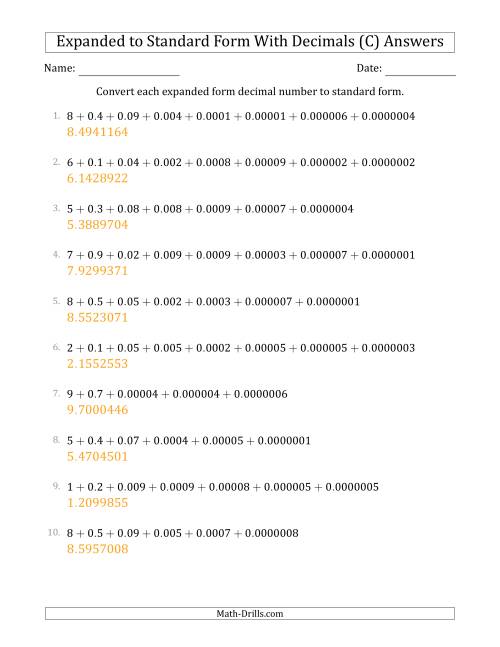 The Converting Expanded Form Decimals Using Decimals to Standard Form (1-Digit Before the Decimal; 7-Digits After the Decimal) (C) Math Worksheet Page 2