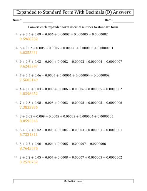 The Converting Expanded Form Decimals Using Decimals to Standard Form (1-Digit Before the Decimal; 7-Digits After the Decimal) (D) Math Worksheet Page 2
