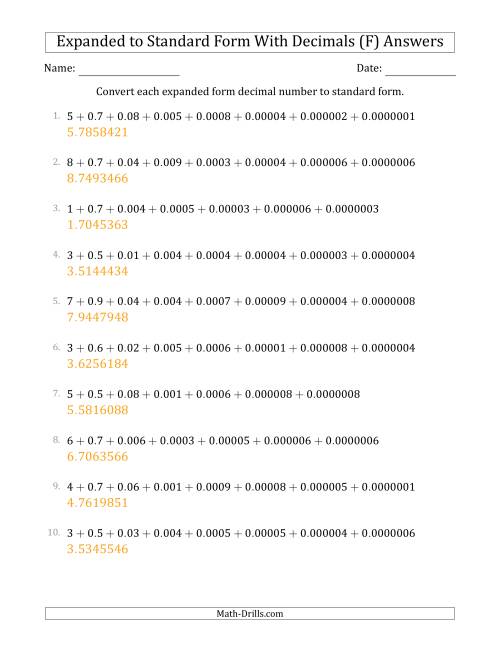 The Converting Expanded Form Decimals Using Decimals to Standard Form (1-Digit Before the Decimal; 7-Digits After the Decimal) (F) Math Worksheet Page 2