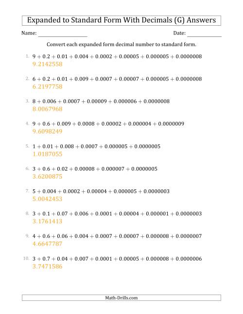 The Converting Expanded Form Decimals Using Decimals to Standard Form (1-Digit Before the Decimal; 7-Digits After the Decimal) (G) Math Worksheet Page 2