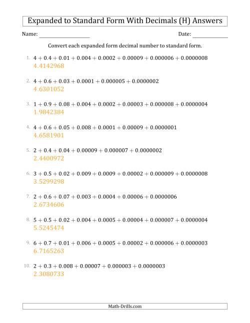 The Converting Expanded Form Decimals Using Decimals to Standard Form (1-Digit Before the Decimal; 7-Digits After the Decimal) (H) Math Worksheet Page 2