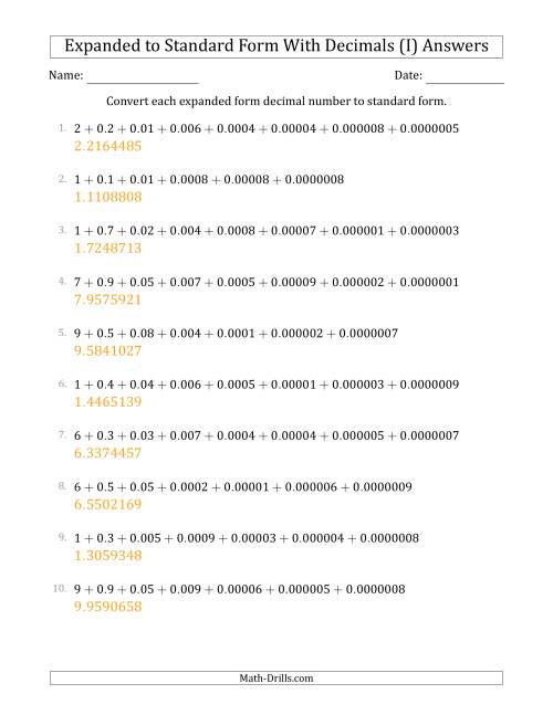 The Converting Expanded Form Decimals Using Decimals to Standard Form (1-Digit Before the Decimal; 7-Digits After the Decimal) (I) Math Worksheet Page 2