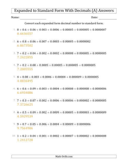 The Converting Expanded Form Decimals Using Decimals to Standard Form (1-Digit Before the Decimal; 7-Digits After the Decimal) (All) Math Worksheet Page 2
