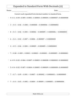 Converting Expanded Form Decimals Using Decimals to Standard Form (1-Digit Before the Decimal; 8-Digits After the Decimal)