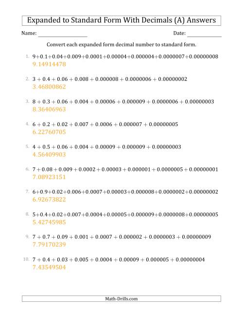 The Converting Expanded Form Decimals Using Decimals to Standard Form (1-Digit Before the Decimal; 8-Digits After the Decimal) (A) Math Worksheet Page 2